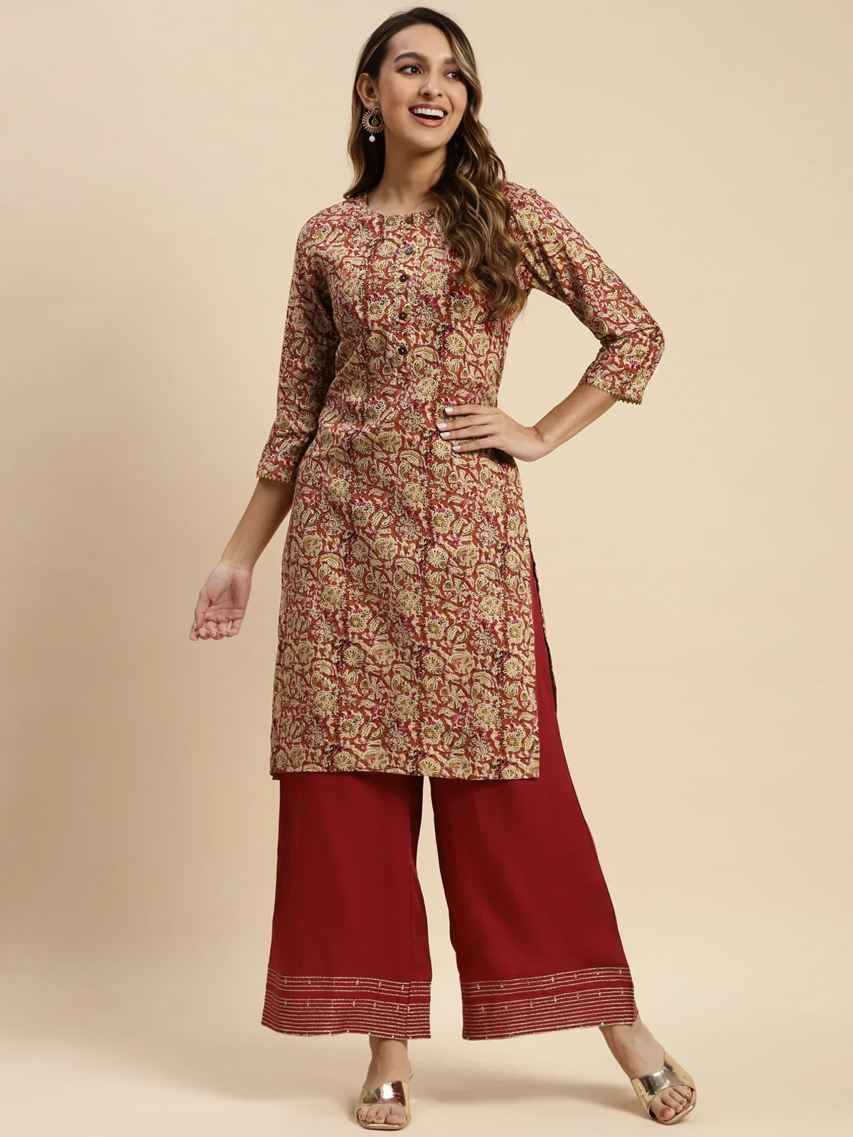 100% Rayon Floral Printed Knee Length Straight Kurta
