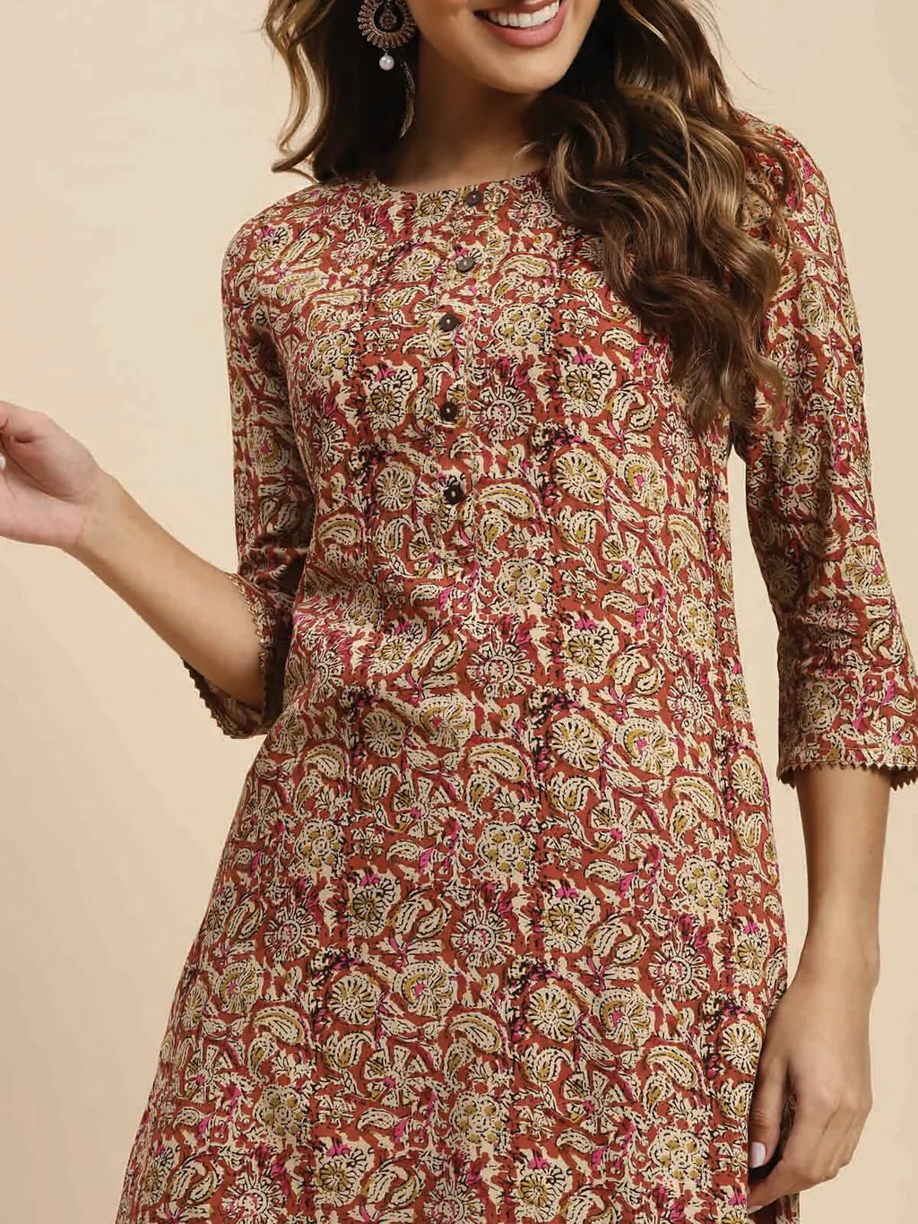 100% Rayon Floral Printed Knee Length Straight Kurta