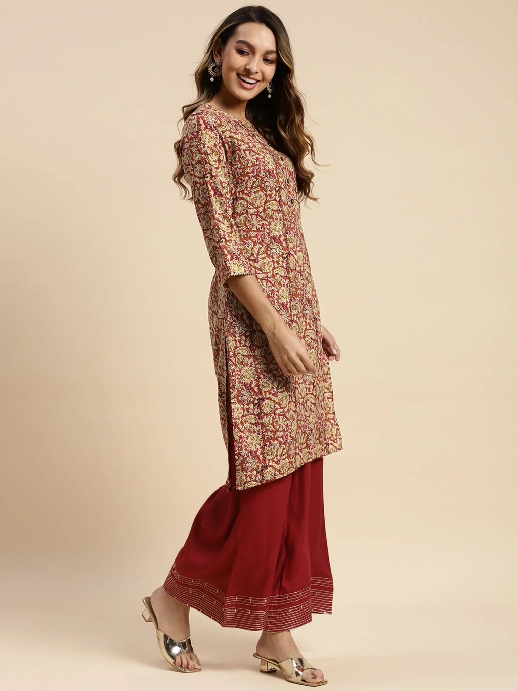 100% Rayon Floral Printed Knee Length Straight Kurta
