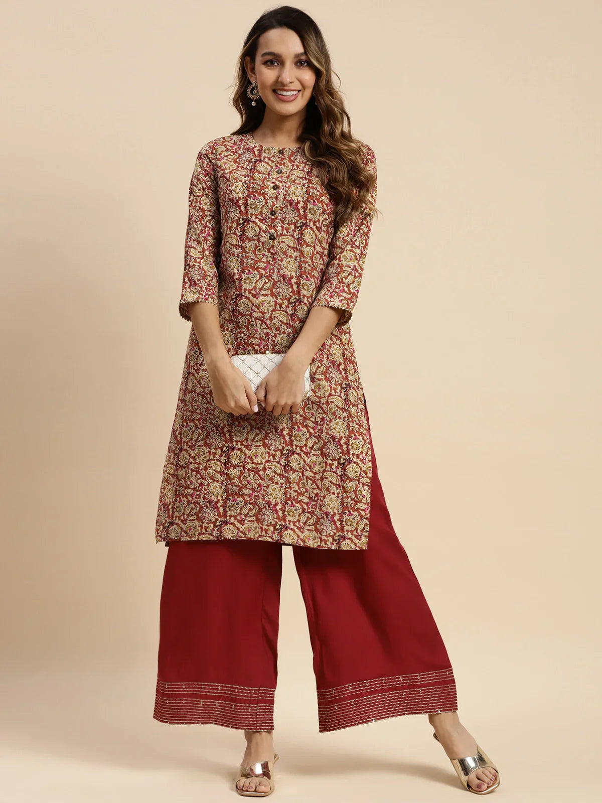 100% Rayon Floral Printed Knee Length Straight Kurta