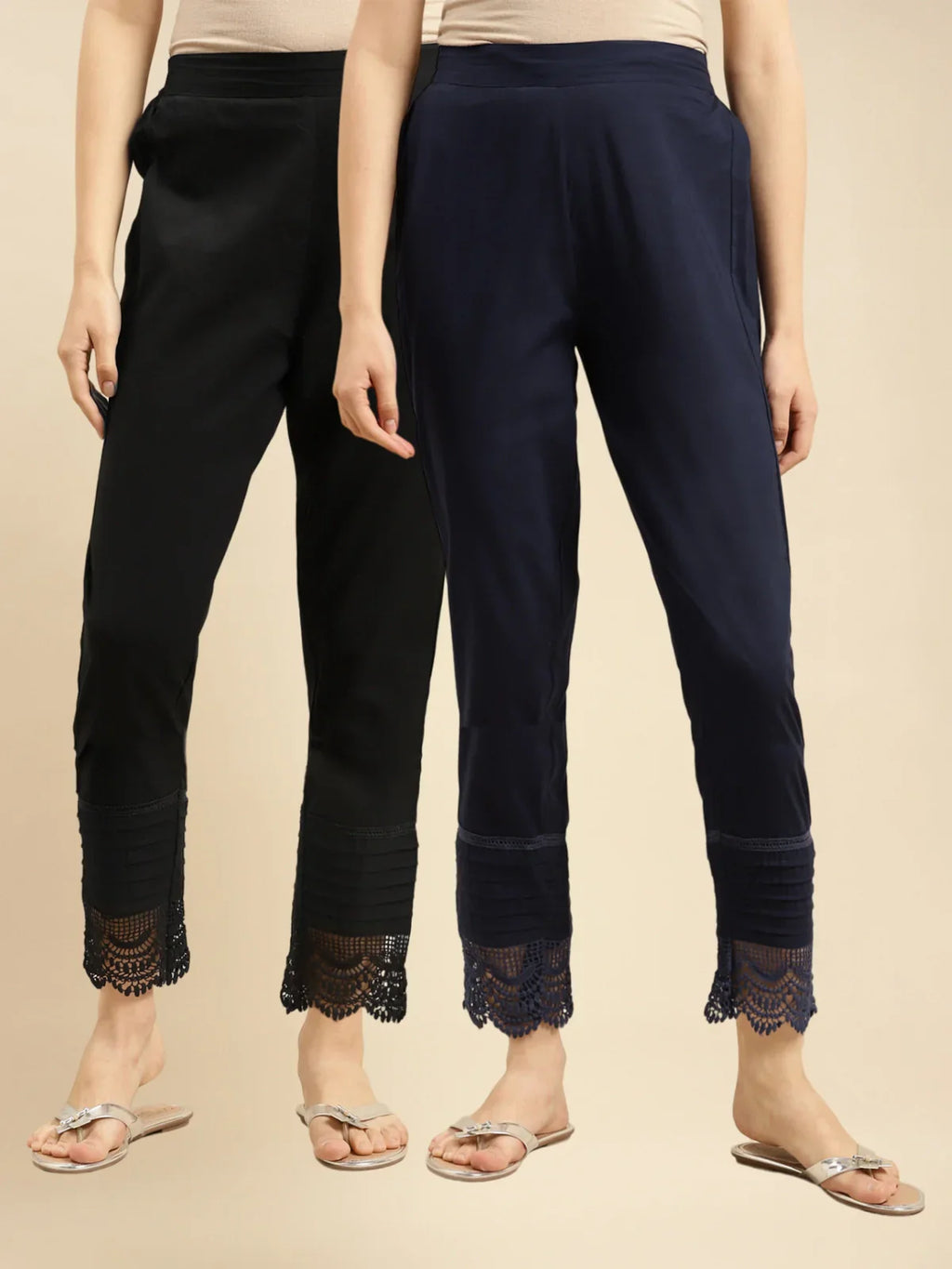 100% Cotton Solid Calf Length Straight Pants (Pack of 2)