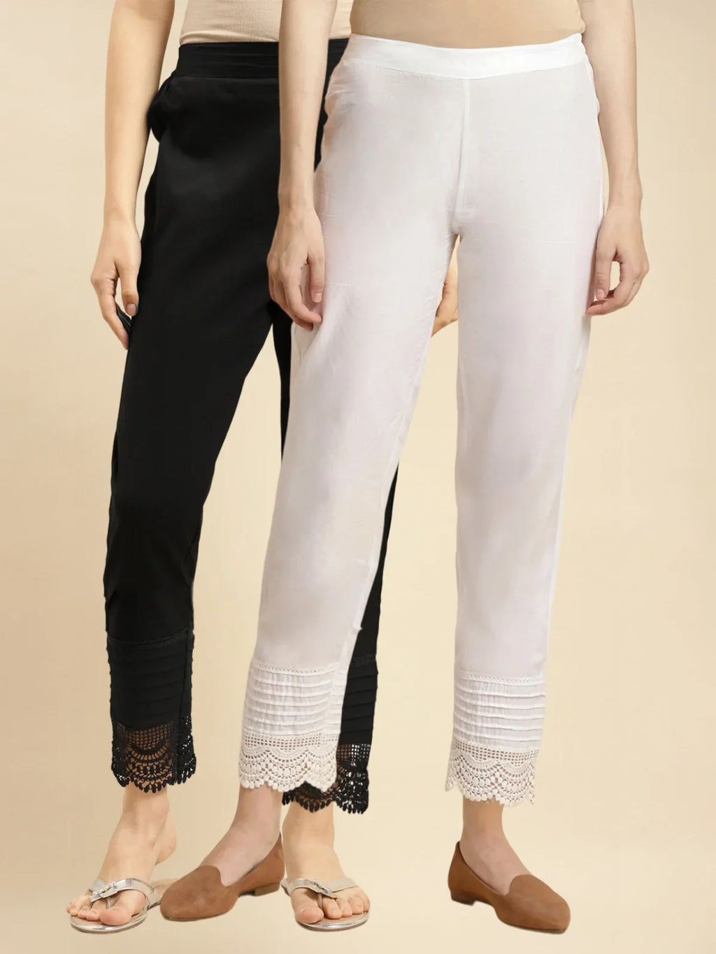 100% Cotton Solid Calf Length Straight Pants (Pack of 2)