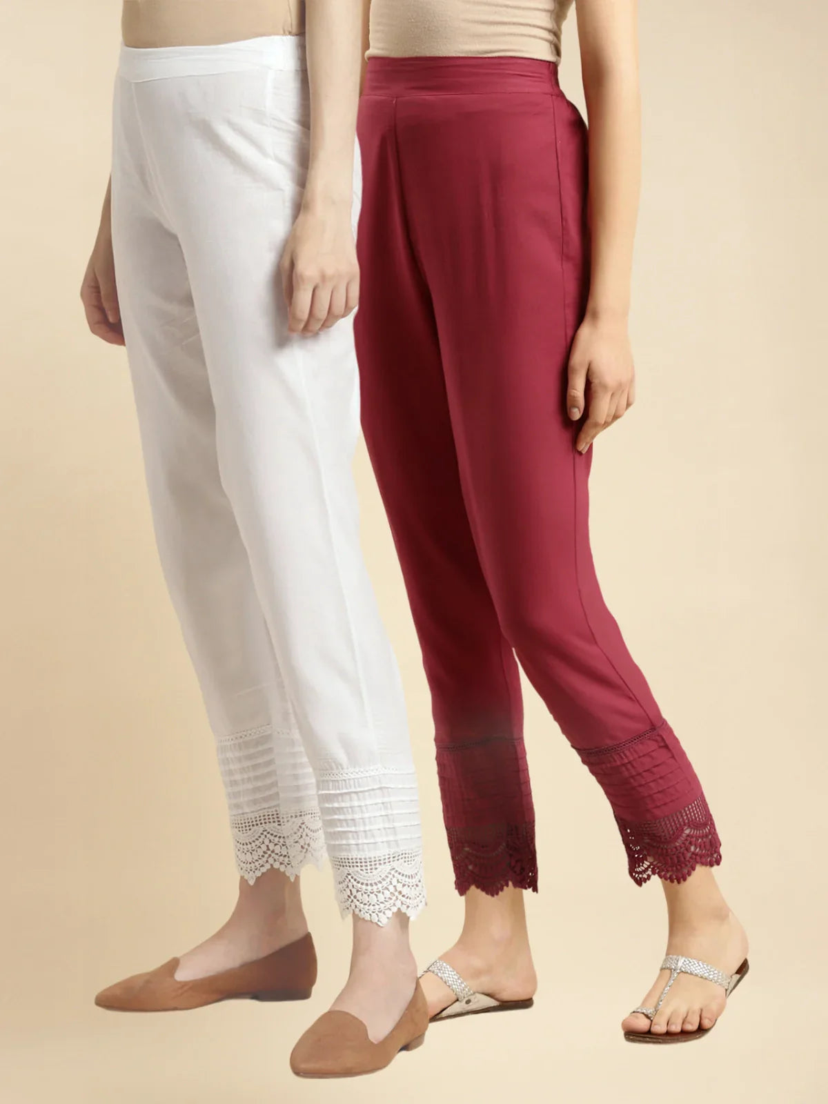 100% Cotton Solid Calf Length Straight Pants (Pack of 2)