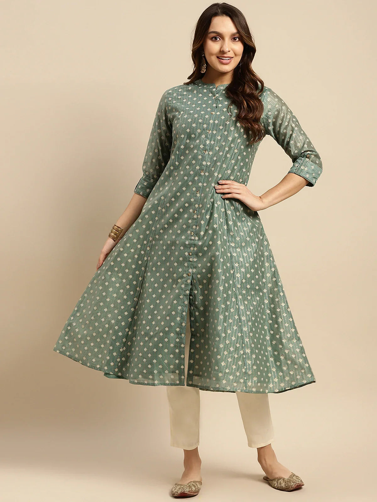 Chanderi Printed Calf Length Kalidar Kurta