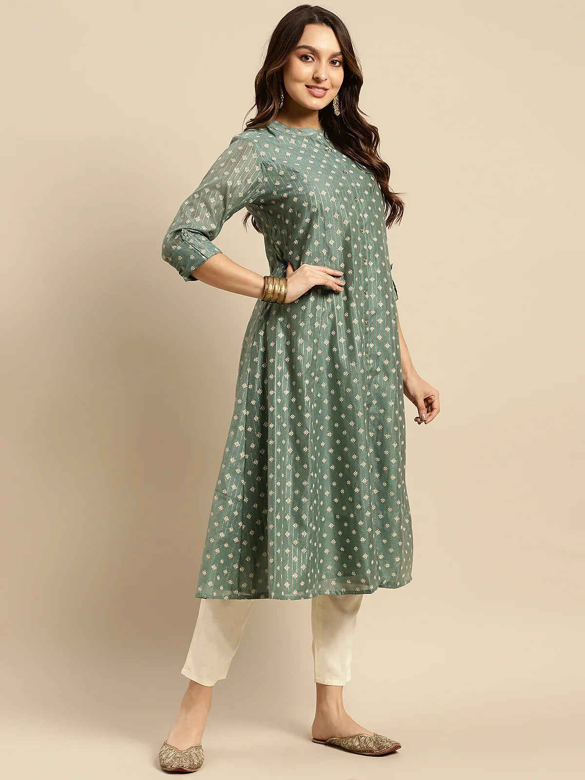 Chanderi Printed Calf Length Kalidar Kurta