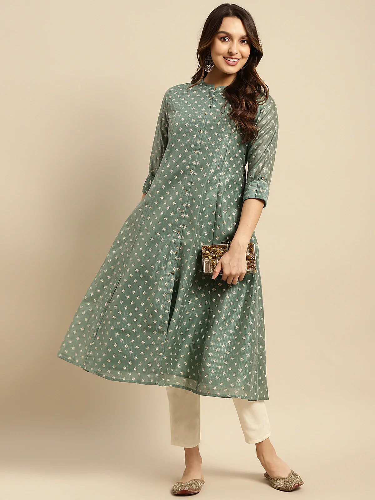 Chanderi Printed Calf Length Kalidar Kurta