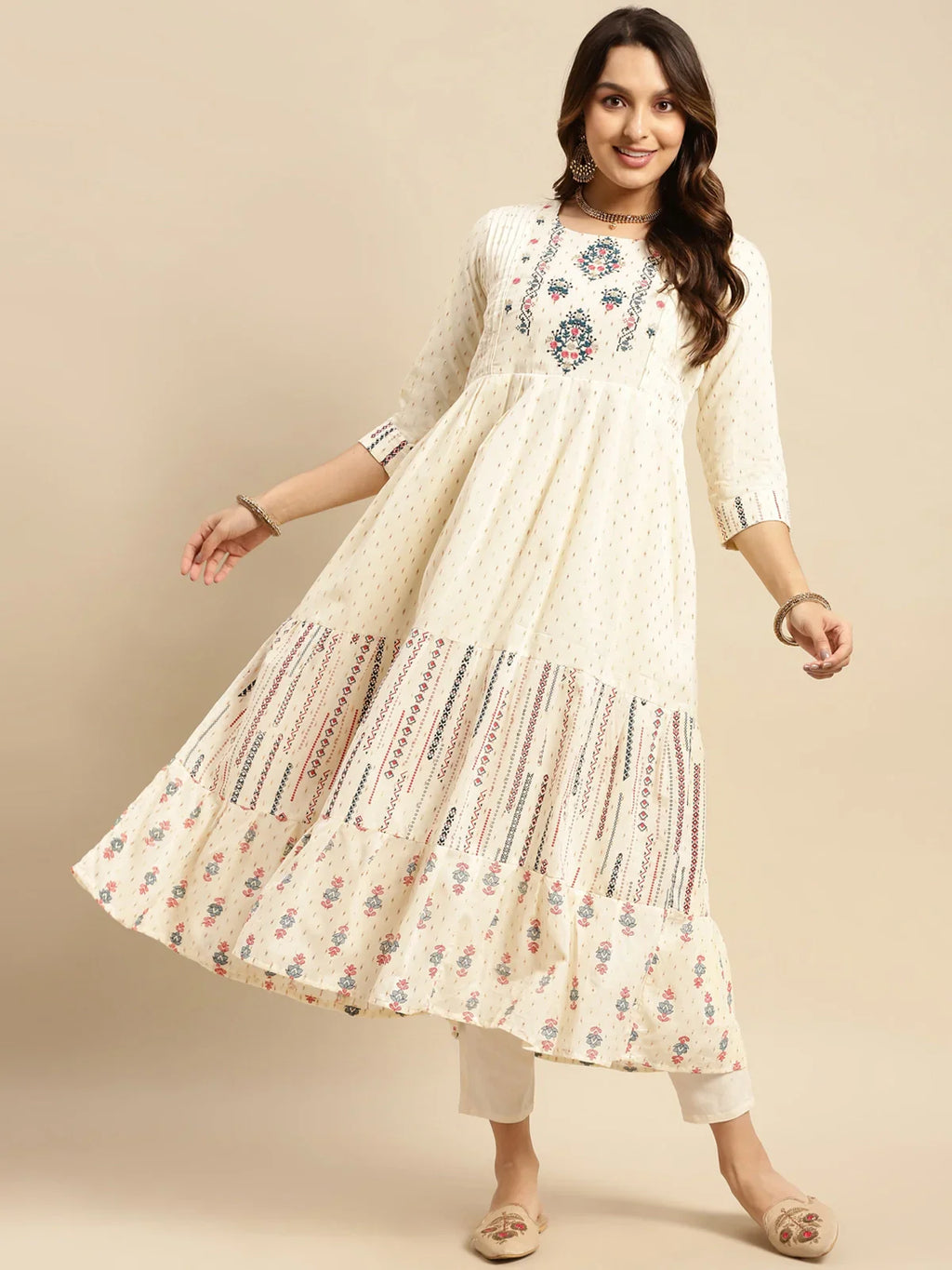 100% Cotton Yoke Embroidered Self Textured Calf Length Anarkali Kurta