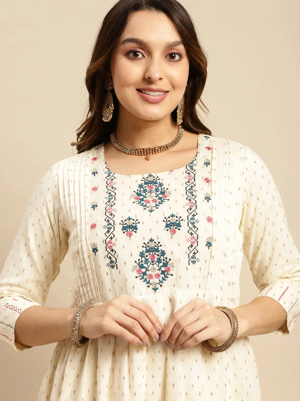 100% Cotton Yoke Embroidered Self Textured Calf Length Anarkali Kurta