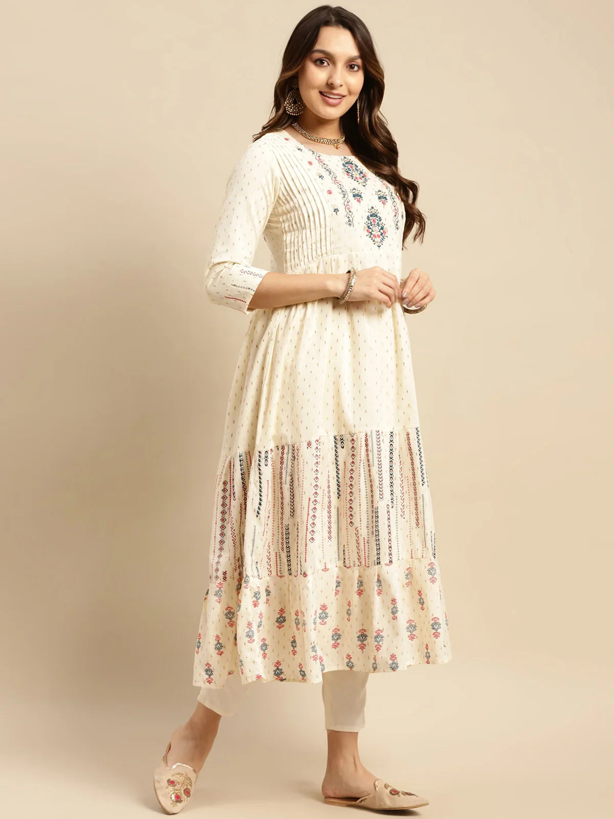 100% Cotton Yoke Embroidered Self Textured Calf Length Anarkali Kurta