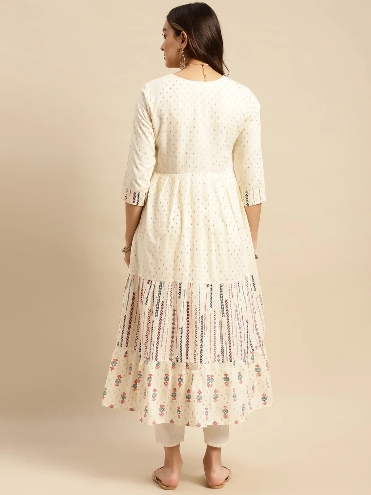 100% Cotton Yoke Embroidered Self Textured Calf Length Anarkali Kurta