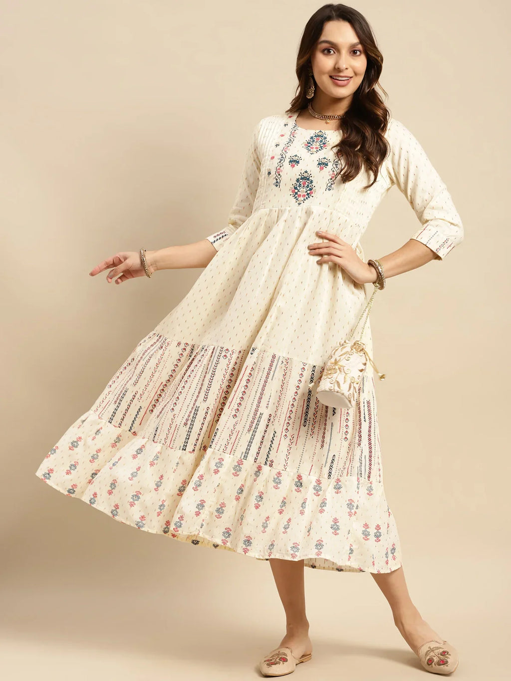 100% Cotton Yoke Embroidered Self Textured Calf Length Anarkali Kurta