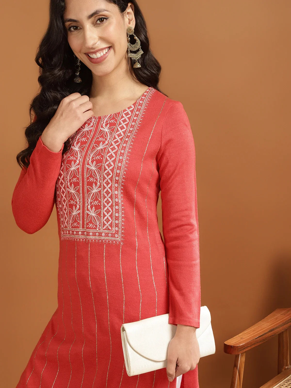 Acrylic Printed Calf Length Straight Winter Kurta