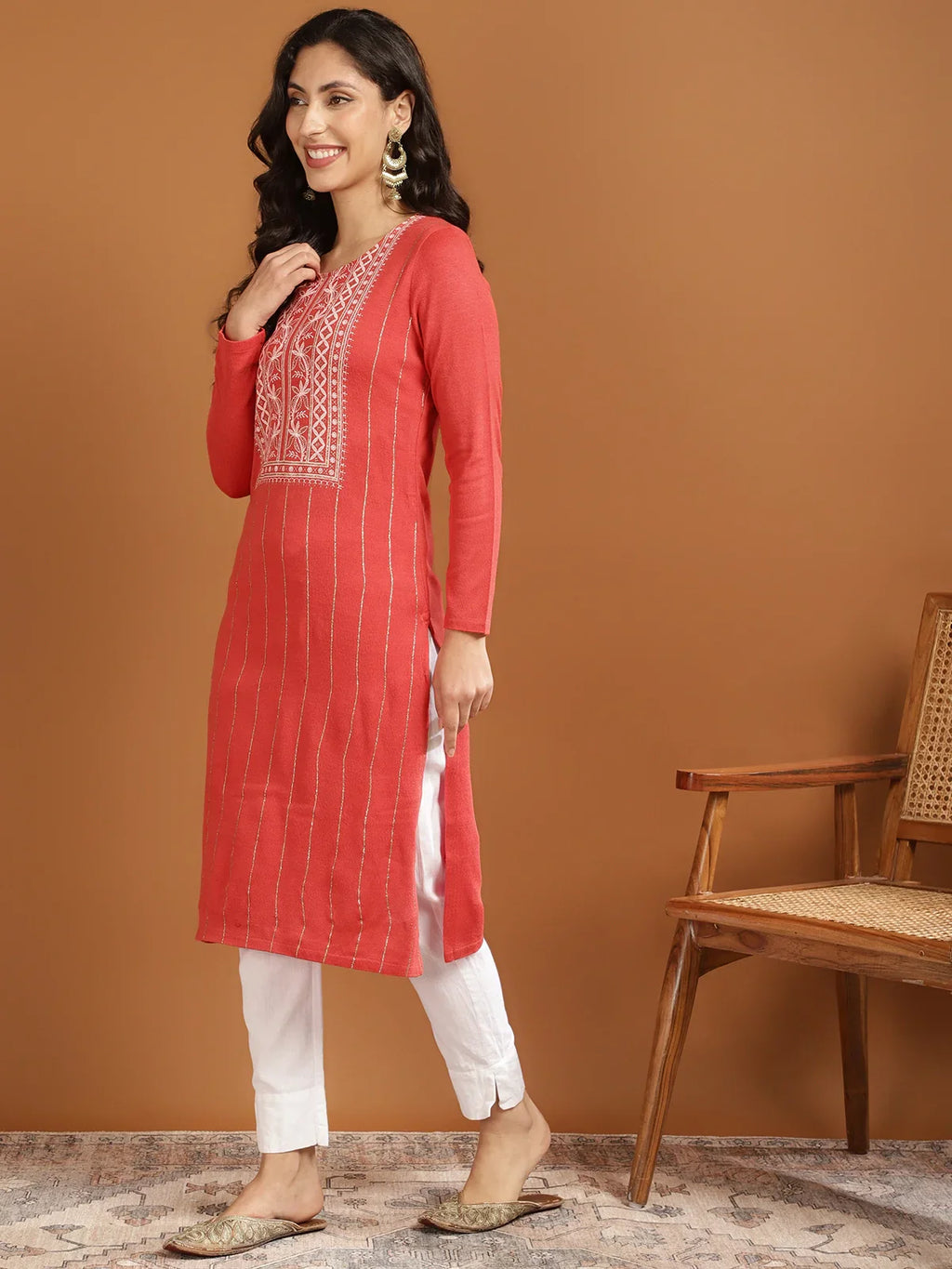 Acrylic Printed Calf Length Straight Winter Kurta