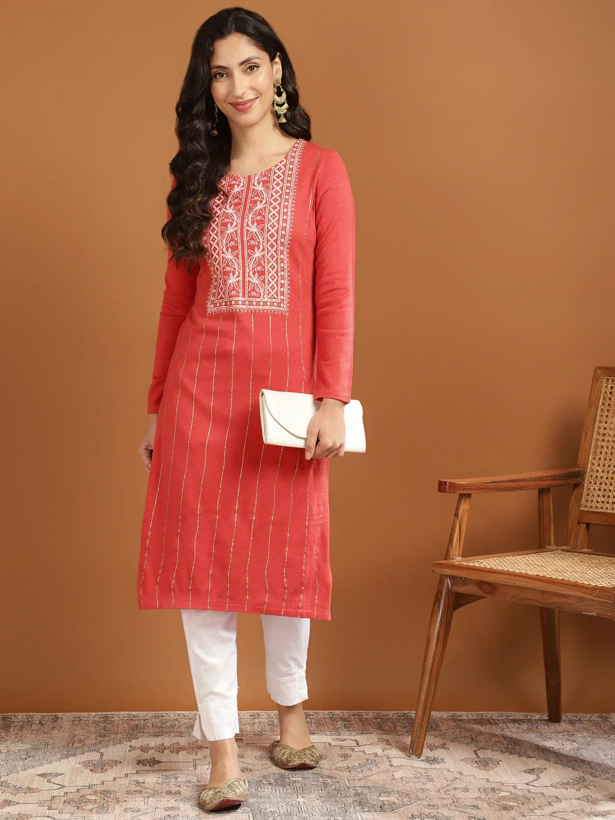 Acrylic Printed Calf Length Straight Winter Kurta