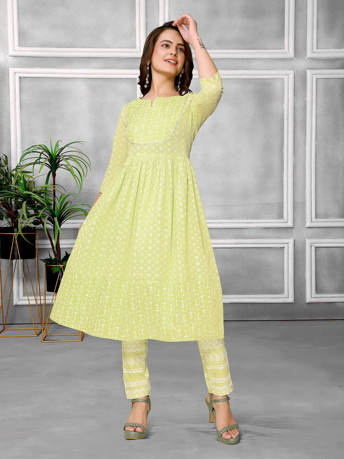 Cotton Sequined Calf Length Anarkali Kurta With Pant
