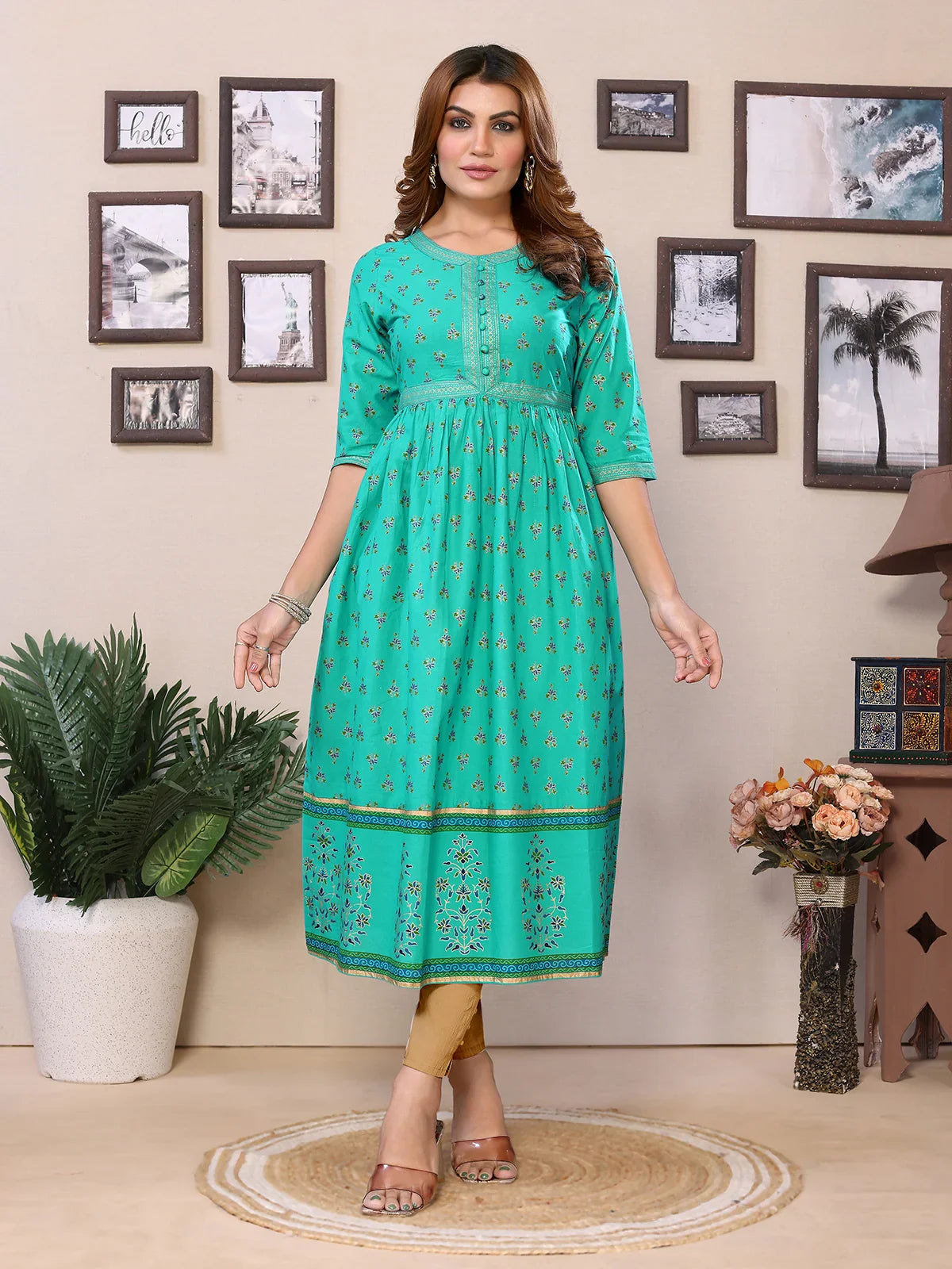 Cotton Printed Calf Length Flared Kurta