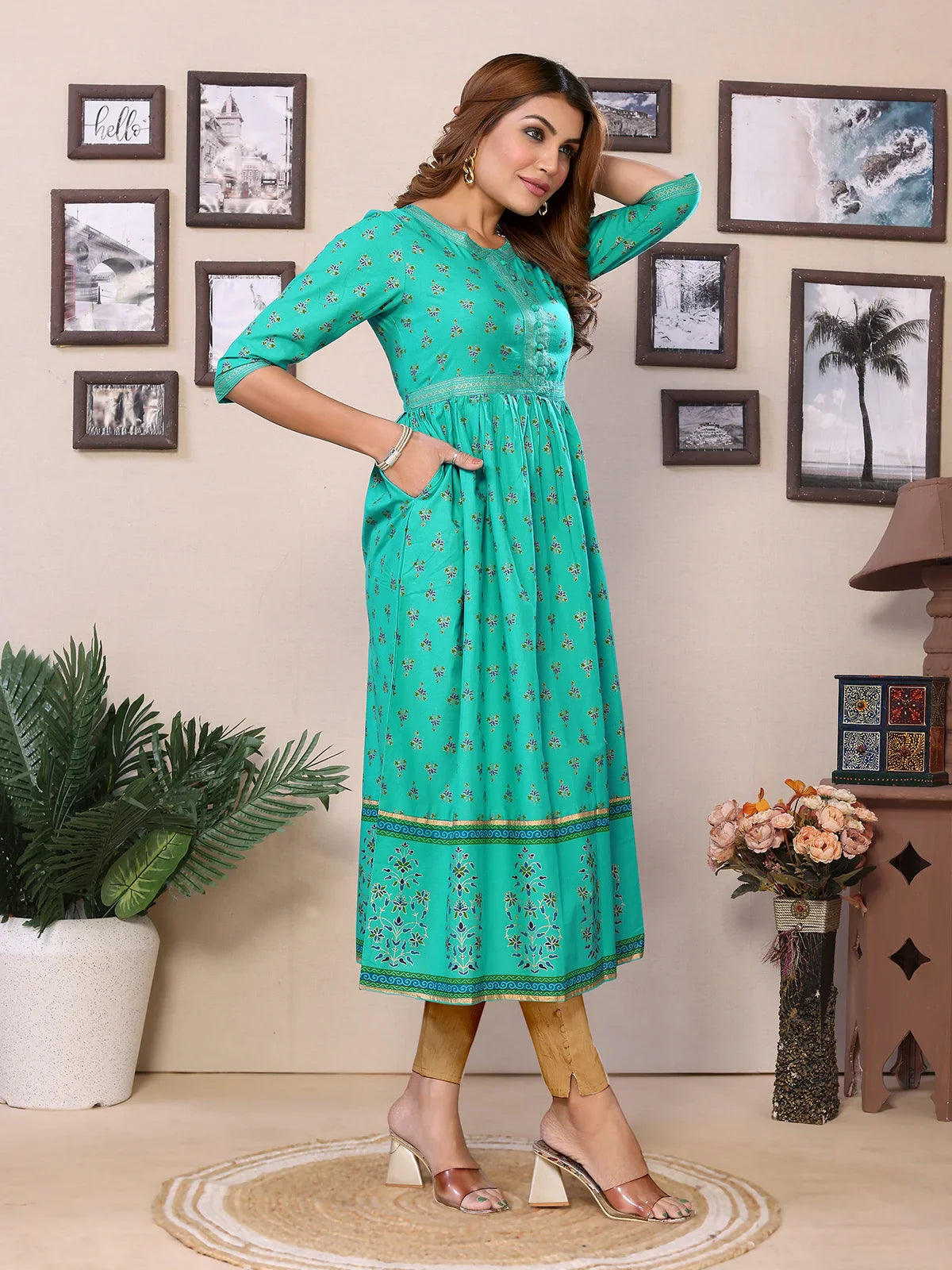 Cotton Printed Calf Length Flared Kurta