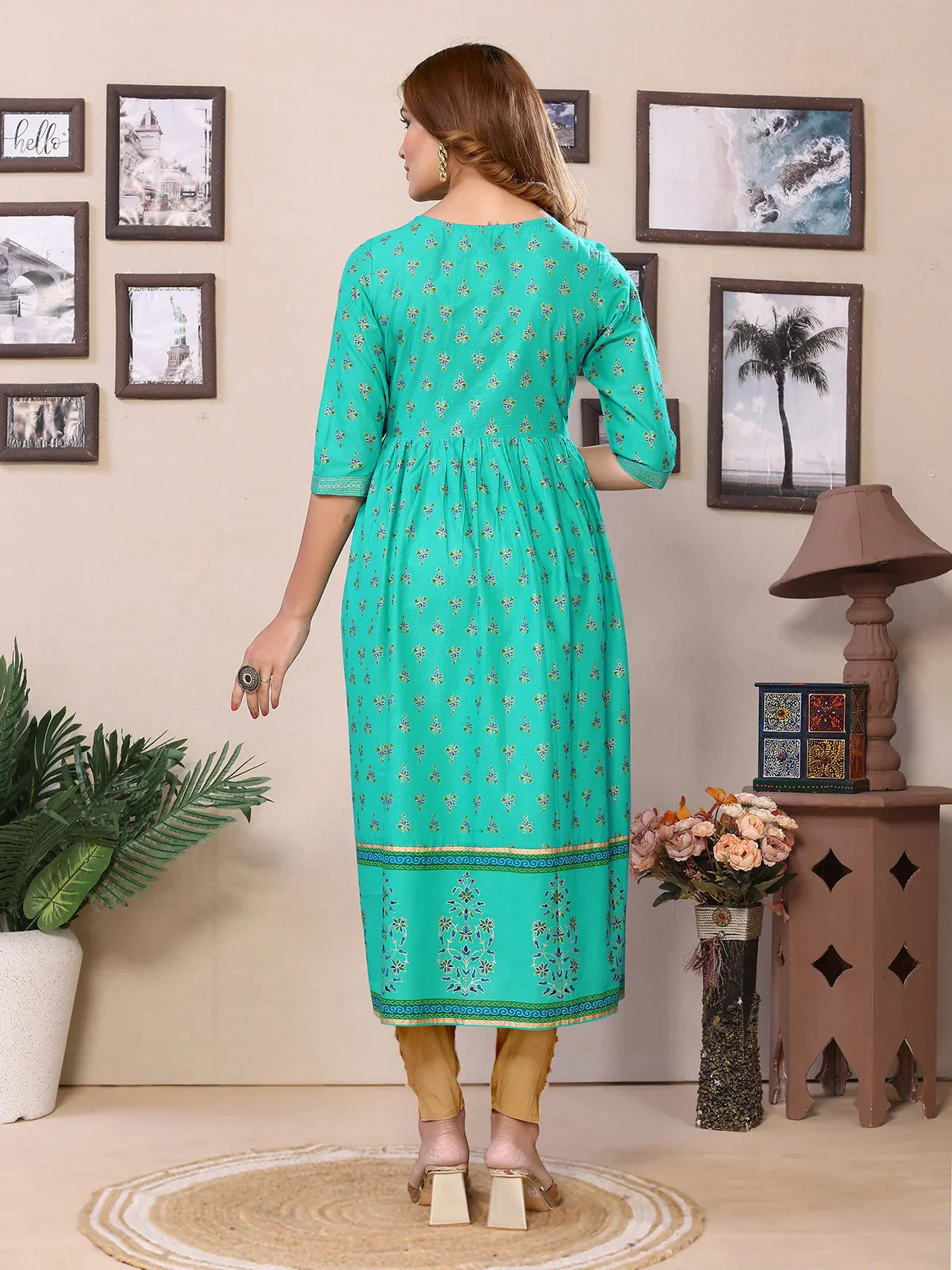 Cotton Printed Calf Length Flared Kurta