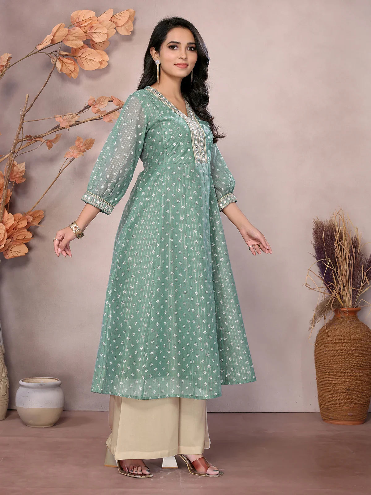 Chanderi Embroidered Calf Length Anarkali Kurta