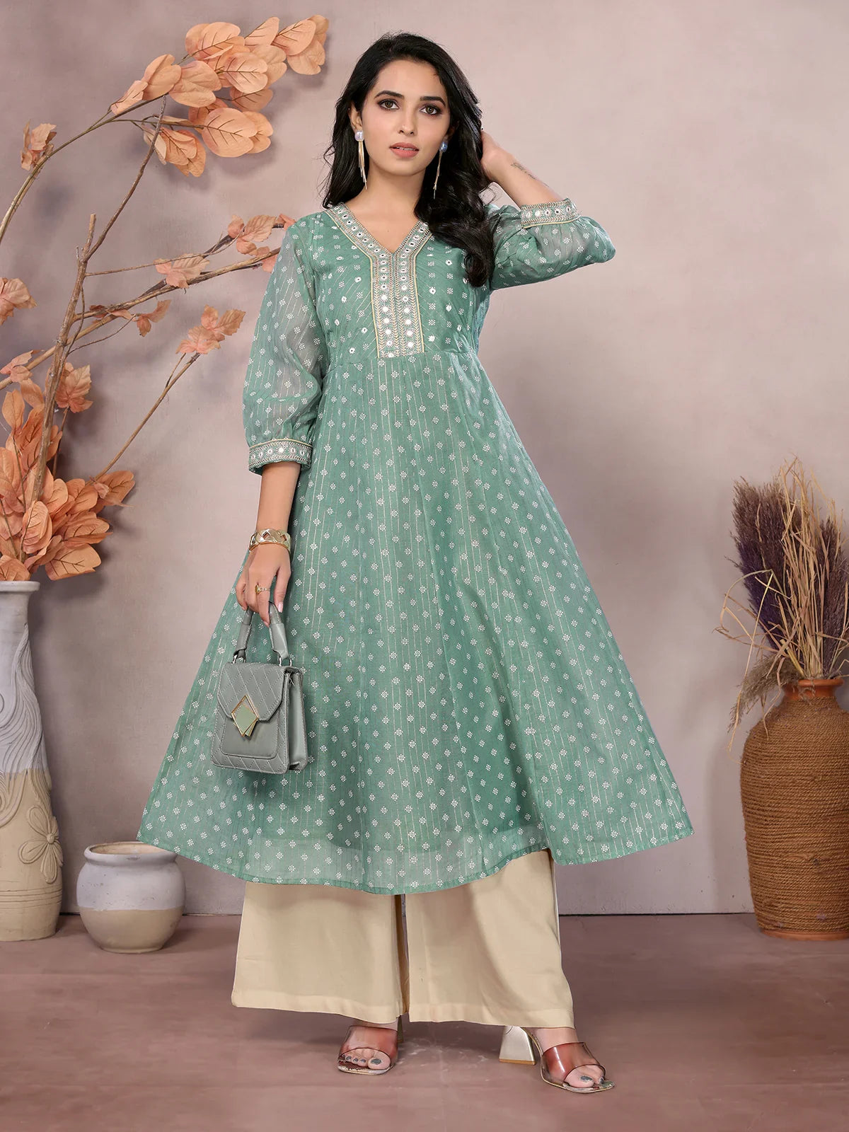 Chanderi Embroidered Calf Length Anarkali Kurta