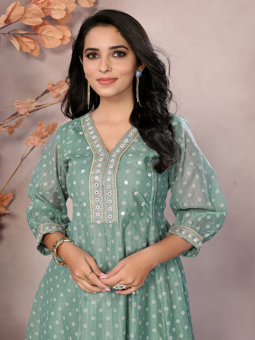 Chanderi Embroidered Calf Length Anarkali Kurta