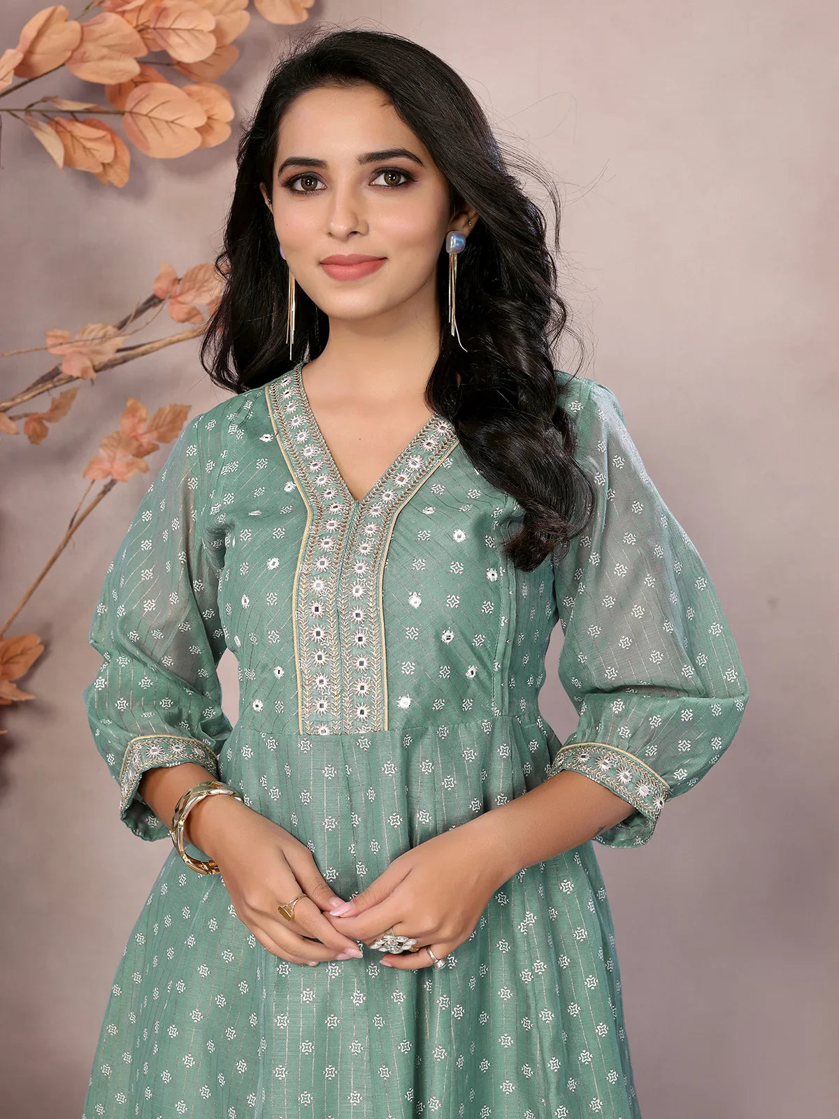 Chanderi Embroidered Calf Length Anarkali Kurta