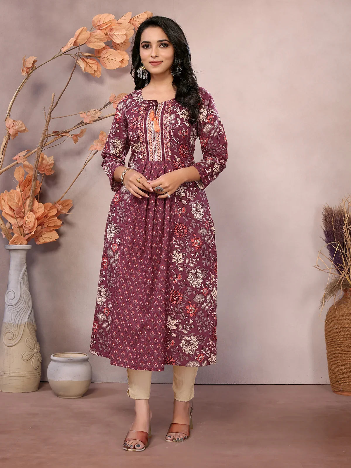 Cotton Embroidered Calf Length A-Line Kurta