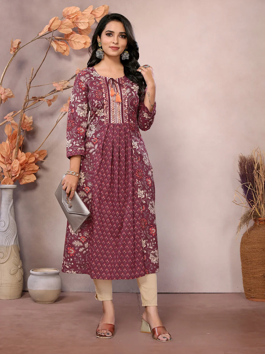 Cotton Embroidered Calf Length A-Line Kurta