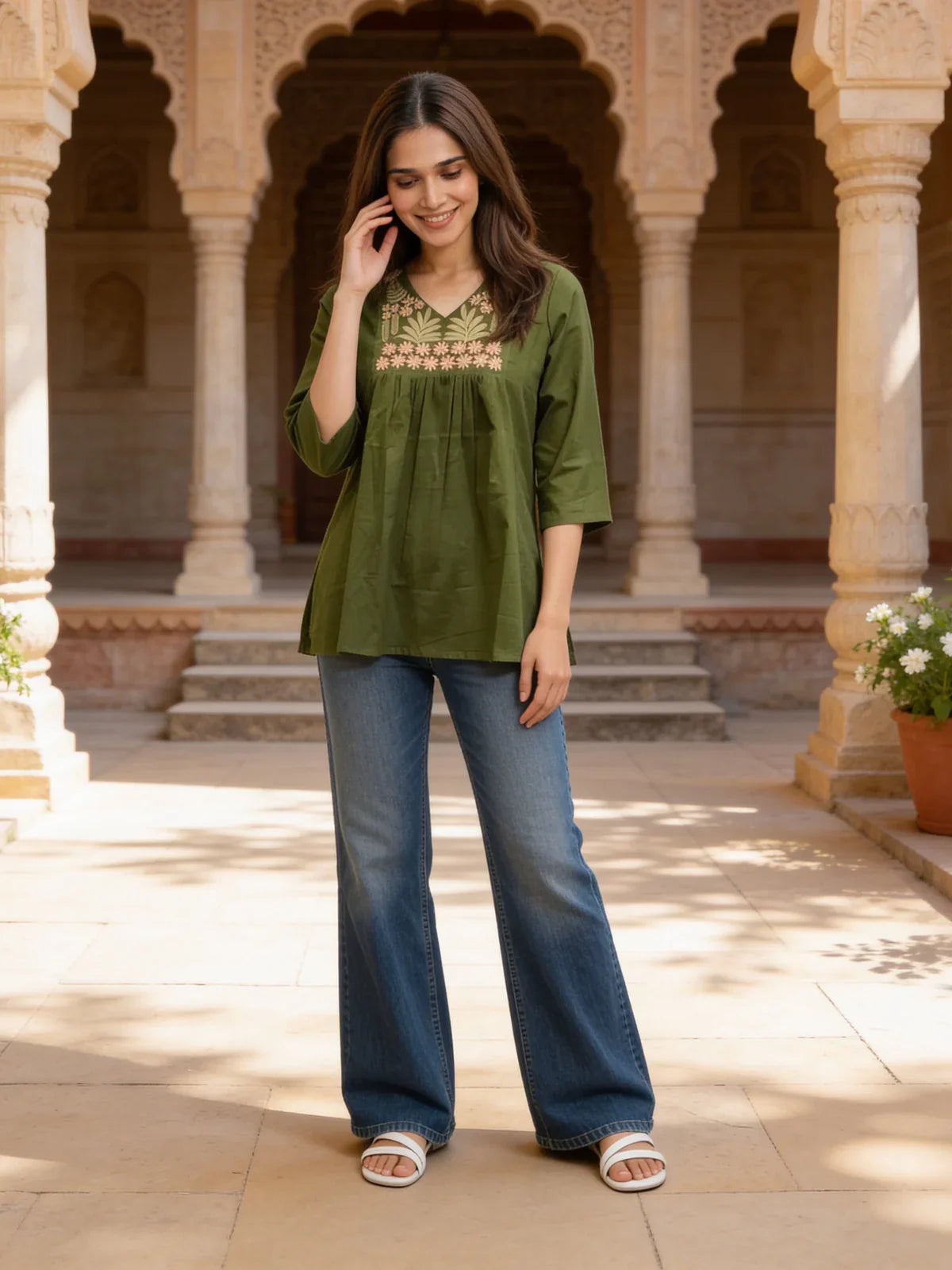Cotton Slub Embroidered Short Length Short Length Kurta