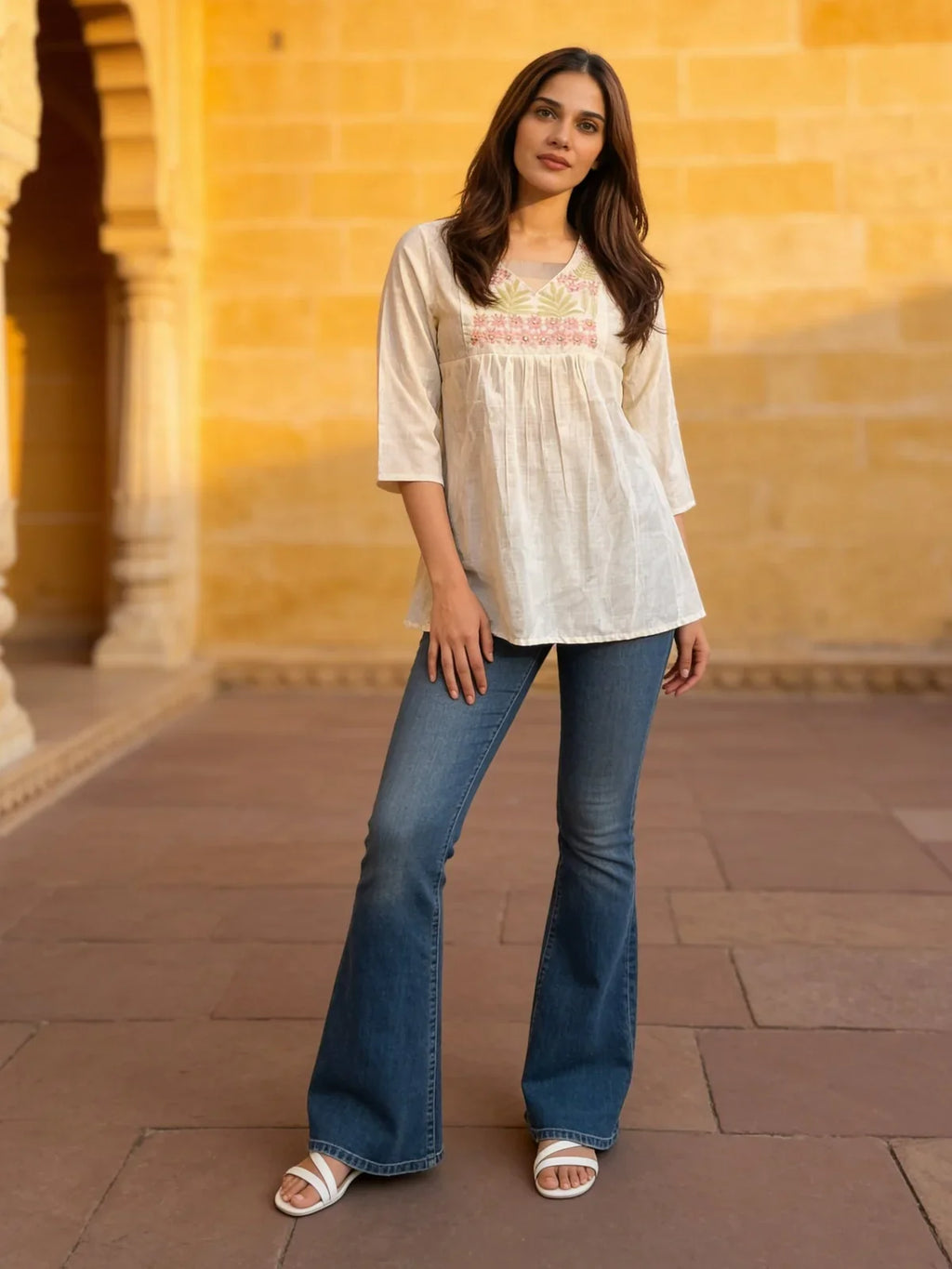 Cotton Embroidered A-Line Knee Length Short Kurta