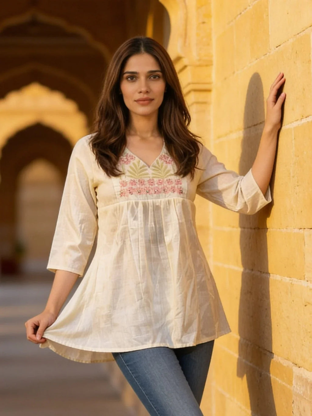 Cotton Embroidered A-Line Knee Length Short Kurta