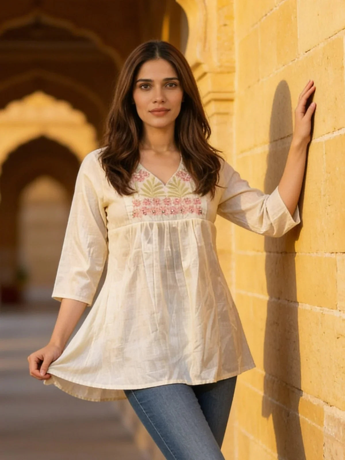 Cotton Embroidered A-Line Knee Length Short Kurta