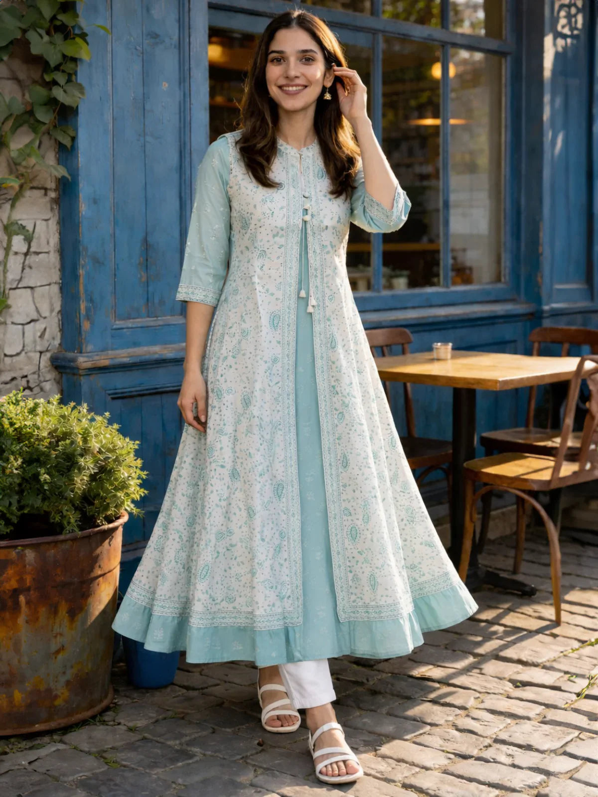 Chanderi Printed Layered Calf Length Kurta