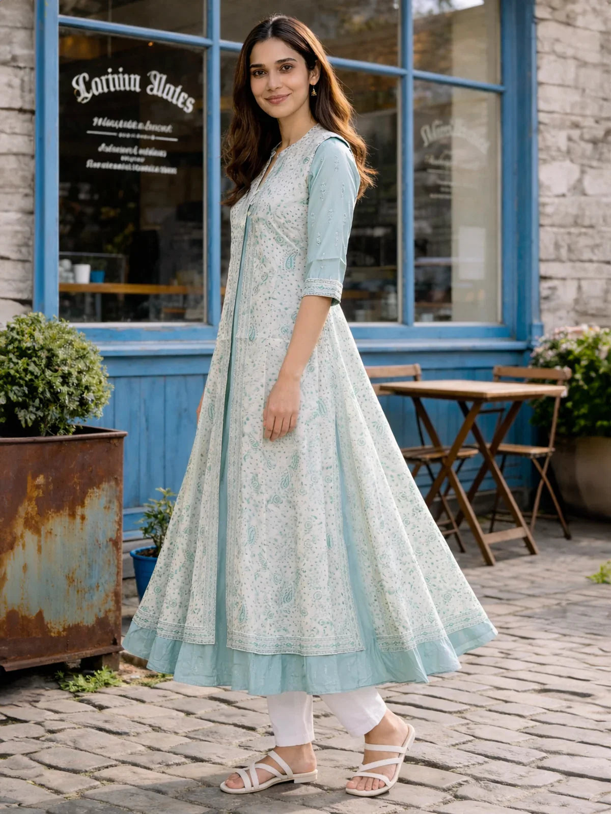 Chanderi Printed Layered Calf Length Kurta