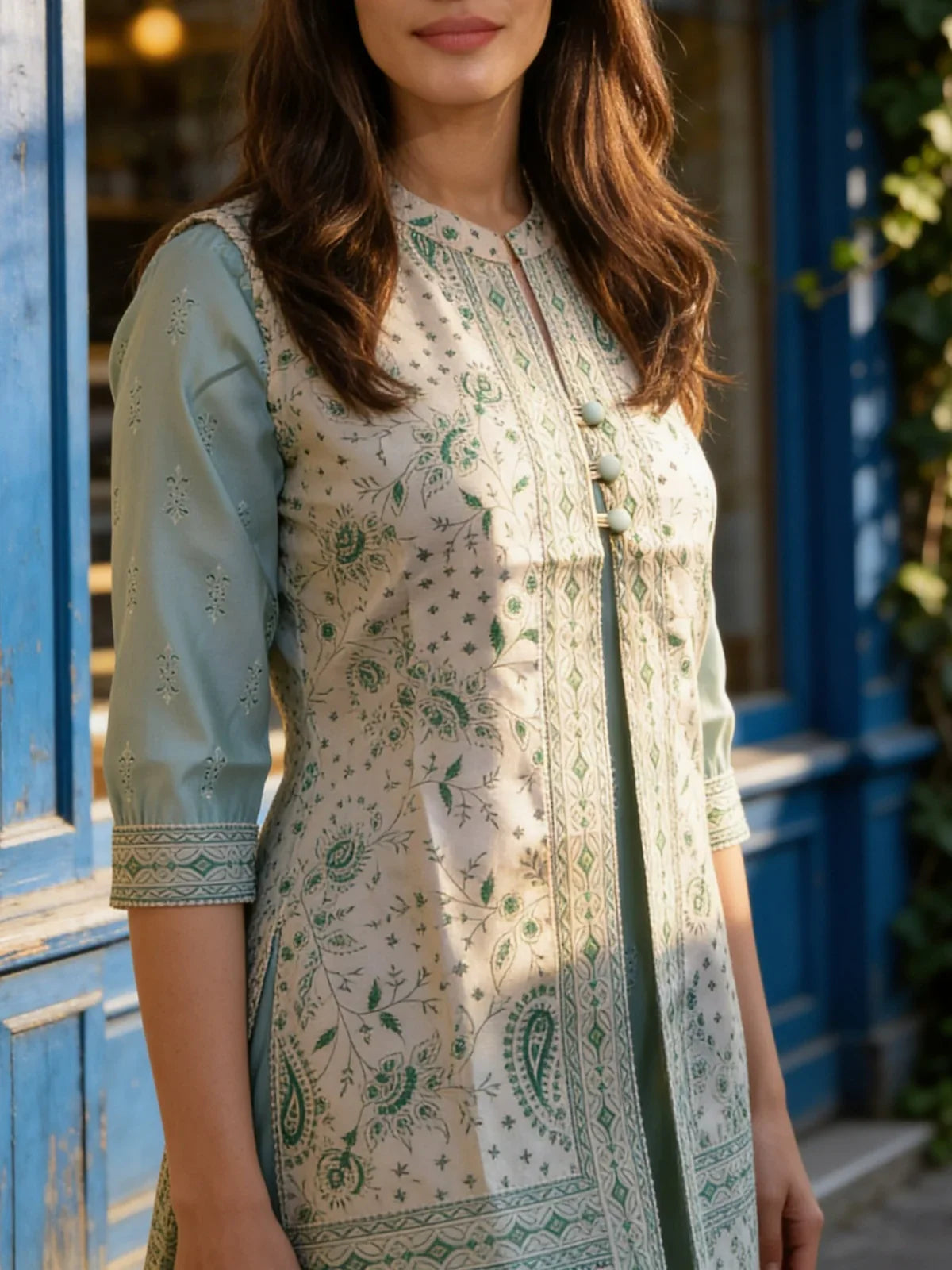 Chanderi Printed Layered Calf Length Kurta
