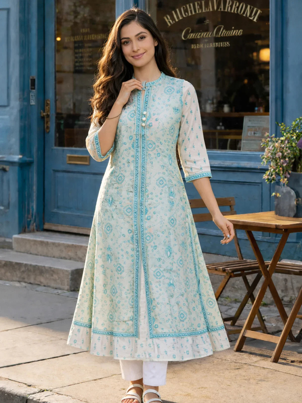 Chanderi Printed Layered Calf Length Kurta