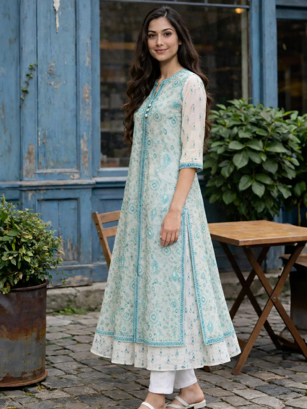 Chanderi Printed Layered Calf Length Kurta