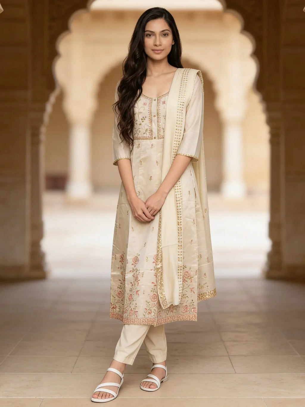 Chanderi Embroidered Anarkali Calf Length Kurta With Pant and Dupatta