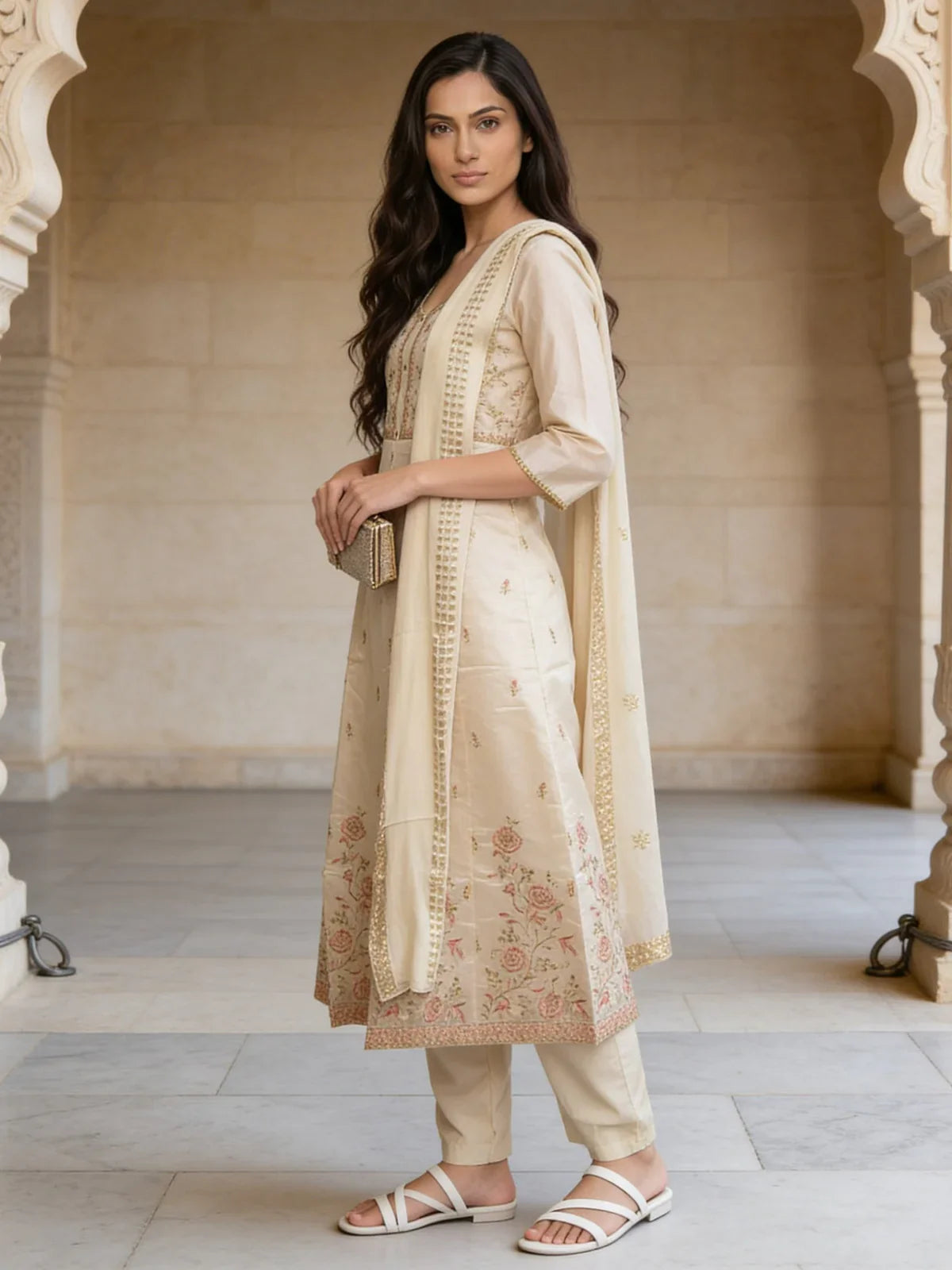 Chanderi Embroidered Anarkali Calf Length Kurta With Pant and Dupatta
