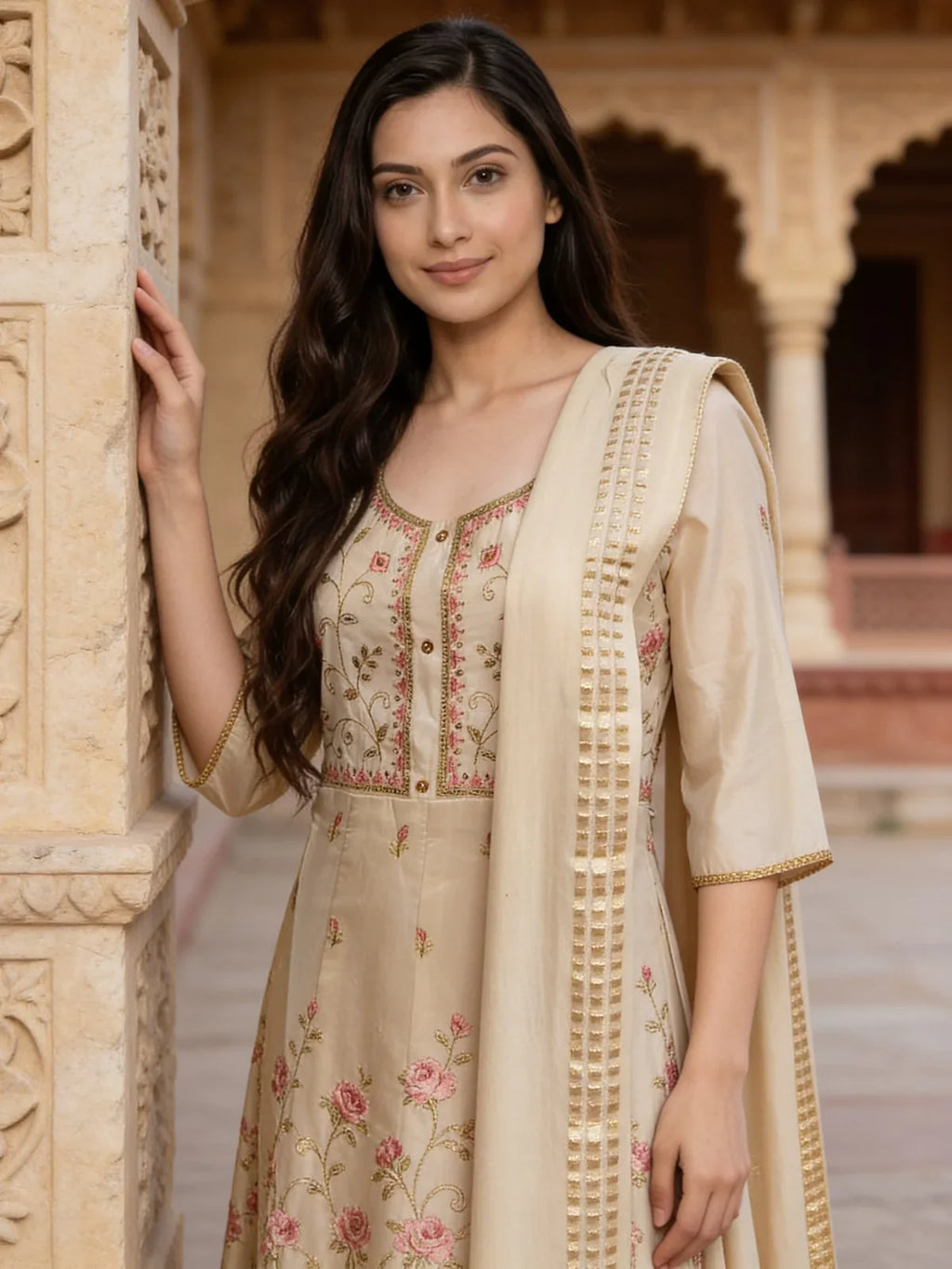 Chanderi Embroidered Anarkali Calf Length Kurta With Pant and Dupatta