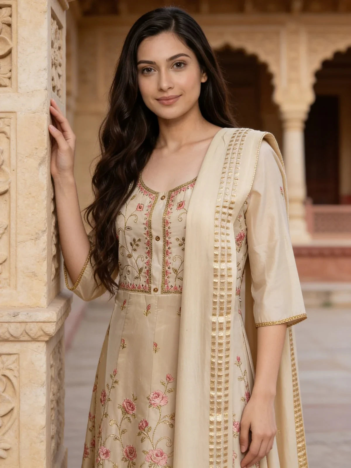 Chanderi Embroidered Anarkali Calf Length Kurta With Pant and Dupatta
