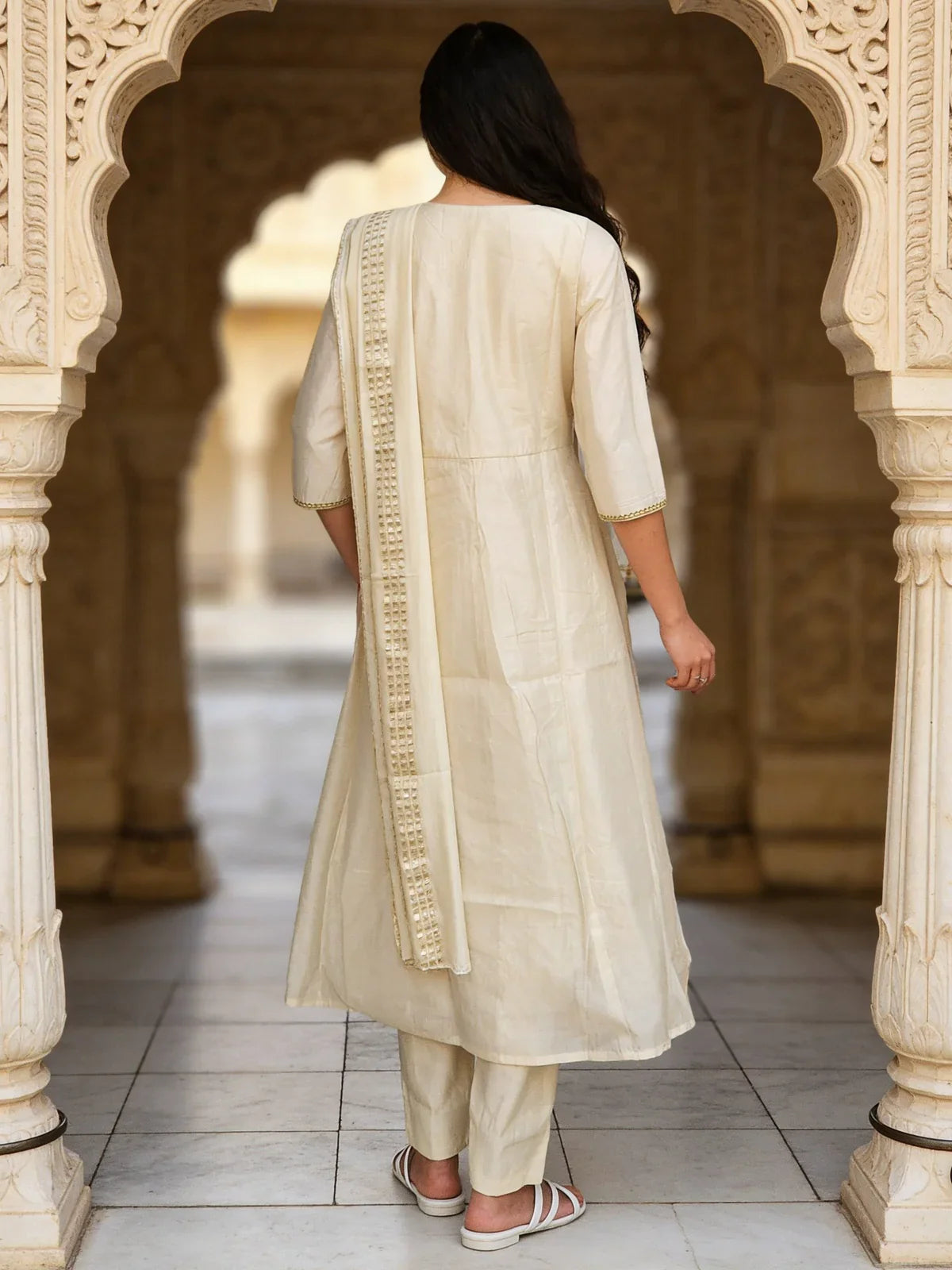 Chanderi Embroidered Anarkali Calf Length Kurta With Pant and Dupatta