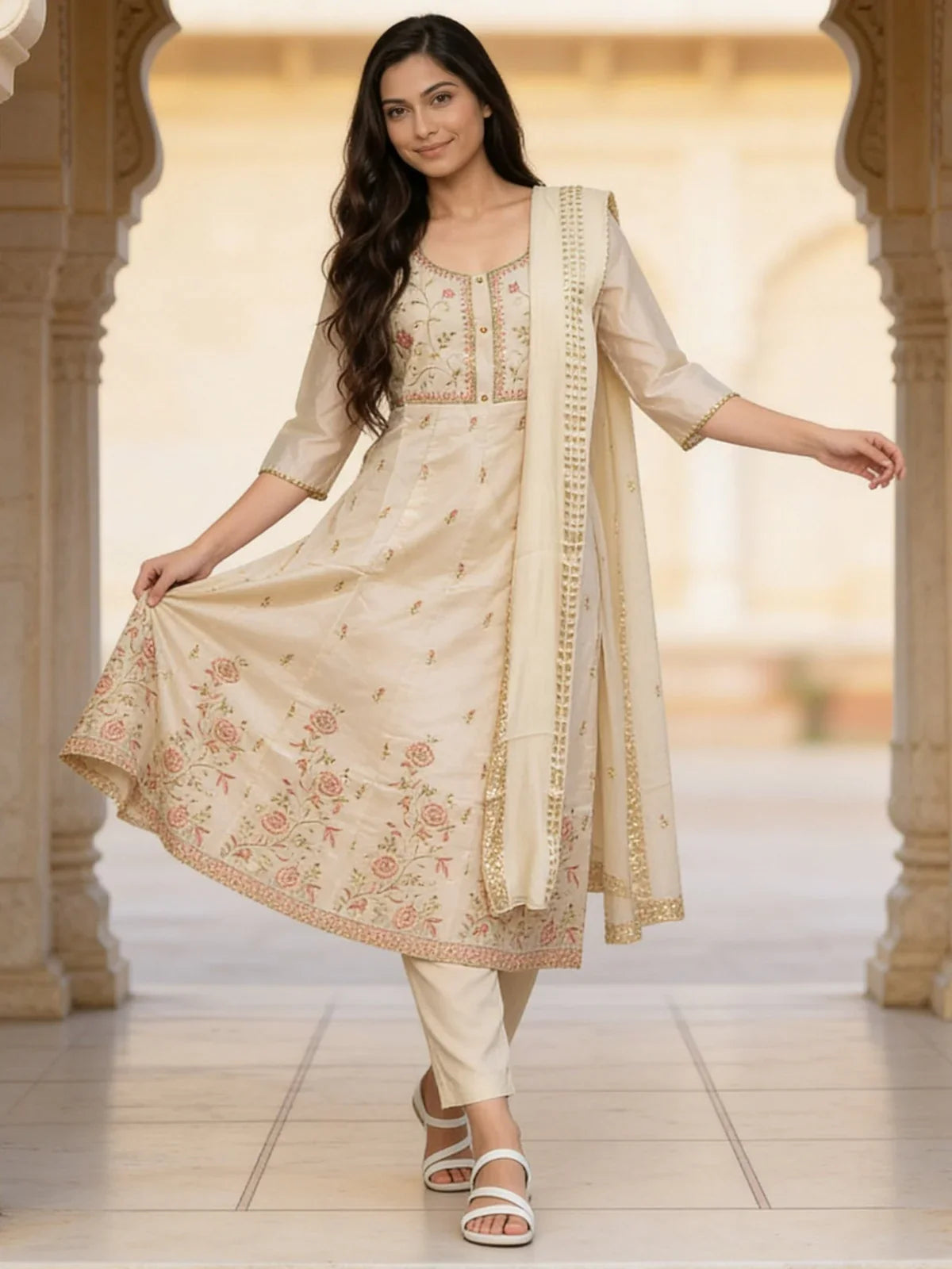 Chanderi Embroidered Anarkali Calf Length Kurta With Pant and Dupatta