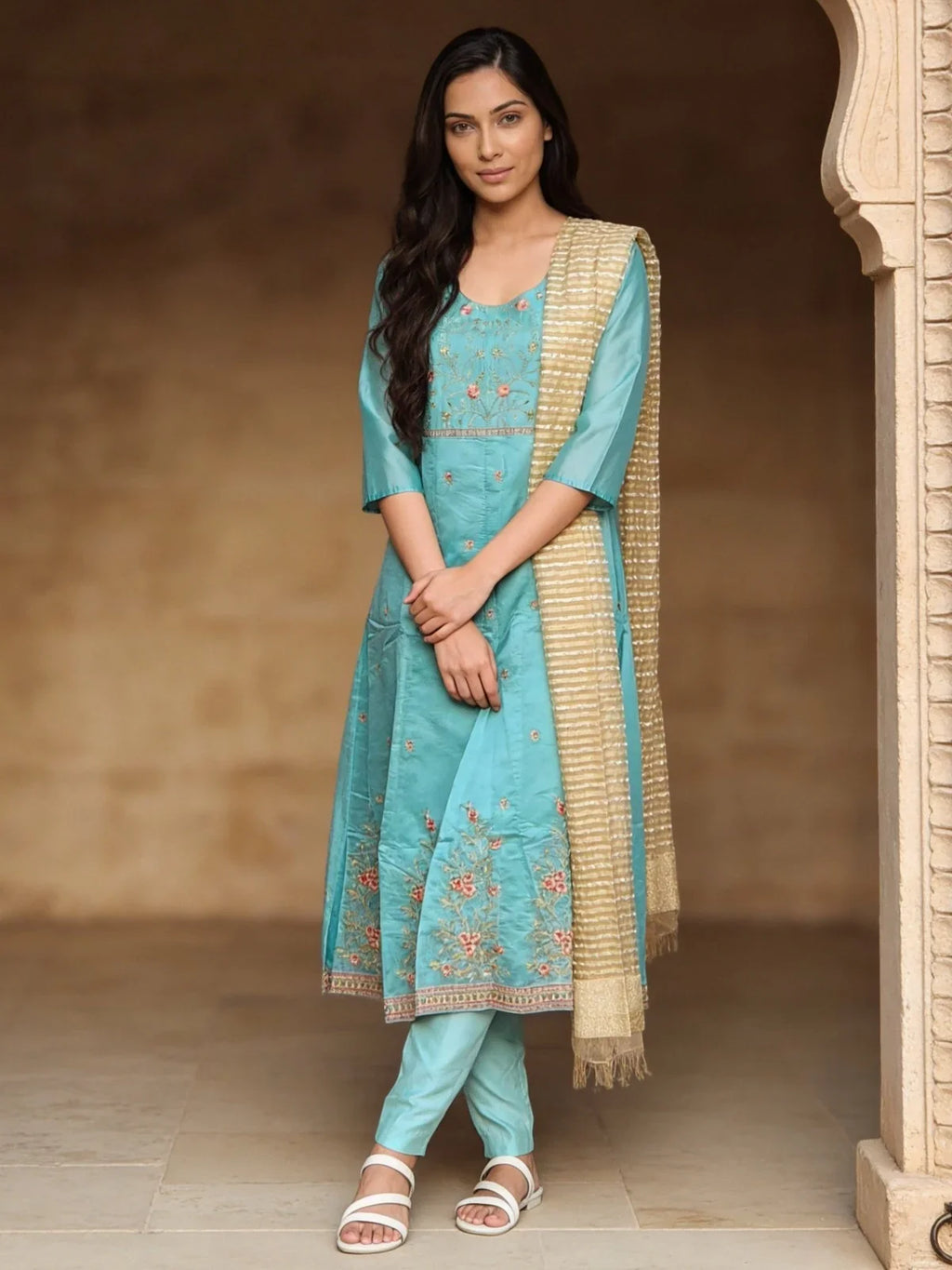 Chanderi Embroidered Anarkali Calf Length Kurta With Pant and Dupatta