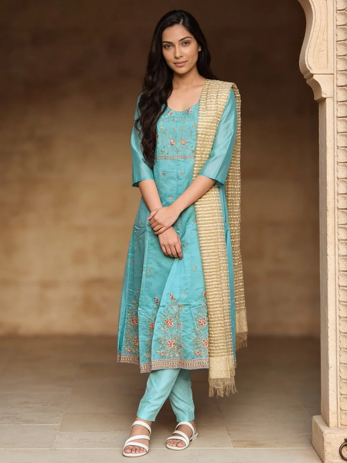 Chanderi Embroidered Anarkali Calf Length Kurta With Pant and Dupatta