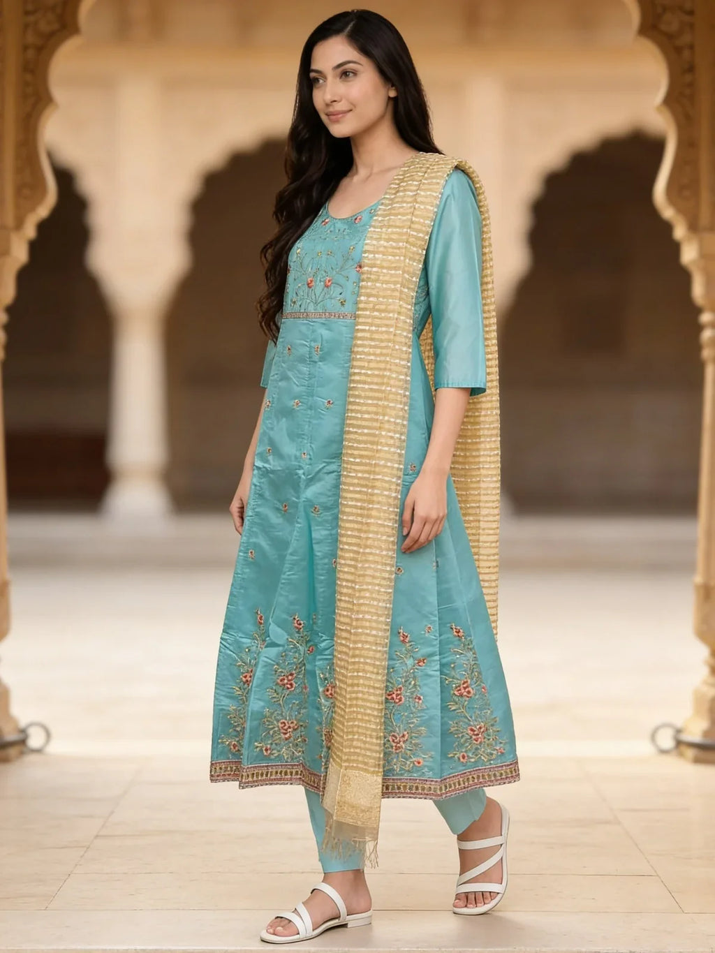 Chanderi Embroidered Anarkali Calf Length Kurta With Pant and Dupatta