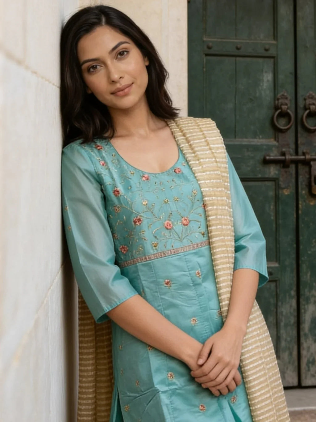 Chanderi Embroidered Anarkali Calf Length Kurta With Pant and Dupatta