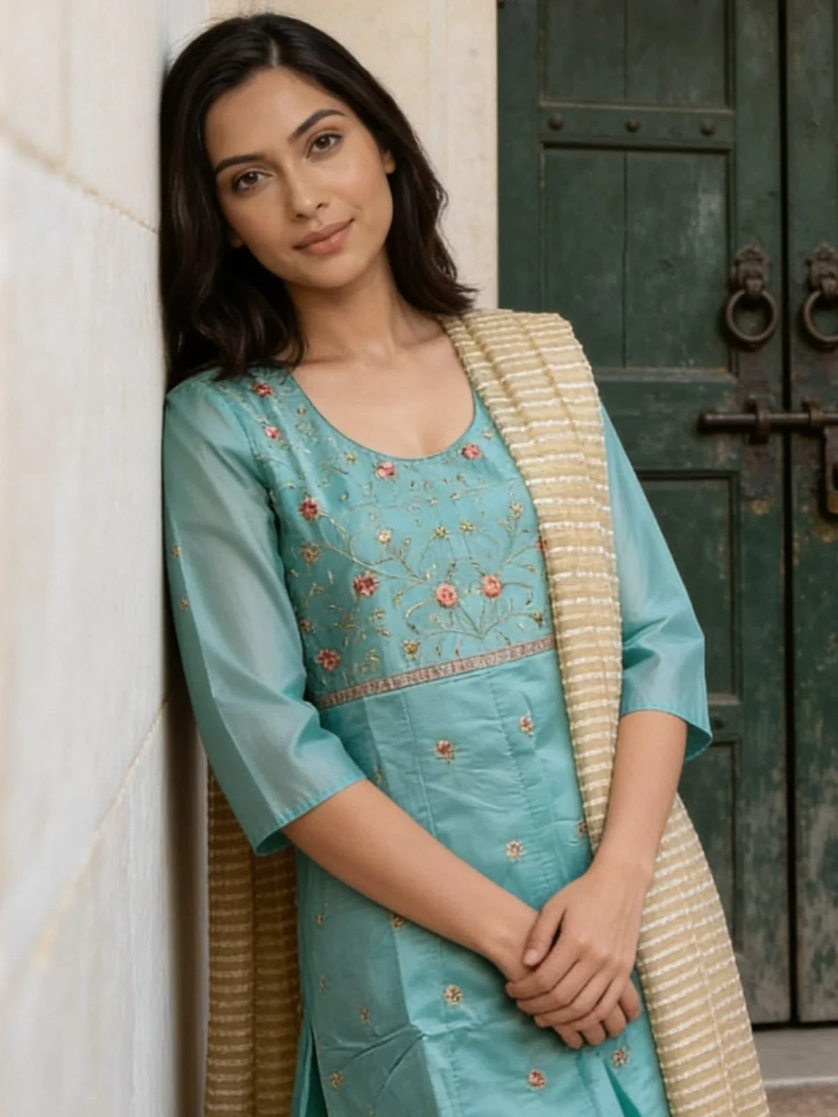 Chanderi Embroidered Anarkali Calf Length Kurta With Pant and Dupatta