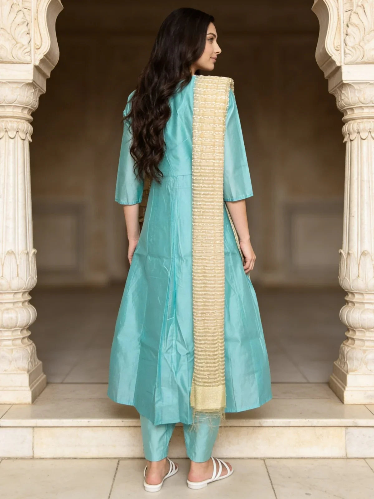 Chanderi Embroidered Anarkali Calf Length Kurta With Pant and Dupatta