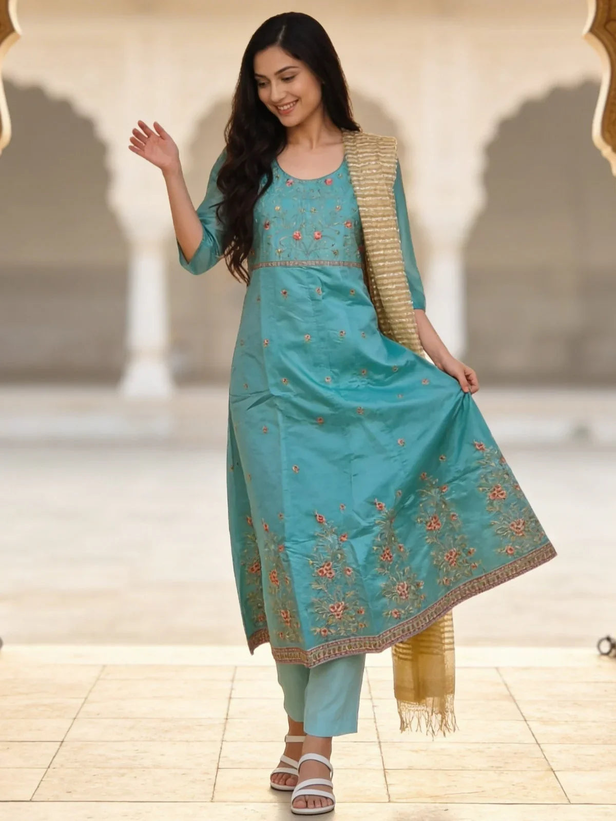 Chanderi Embroidered Anarkali Calf Length Kurta With Pant and Dupatta
